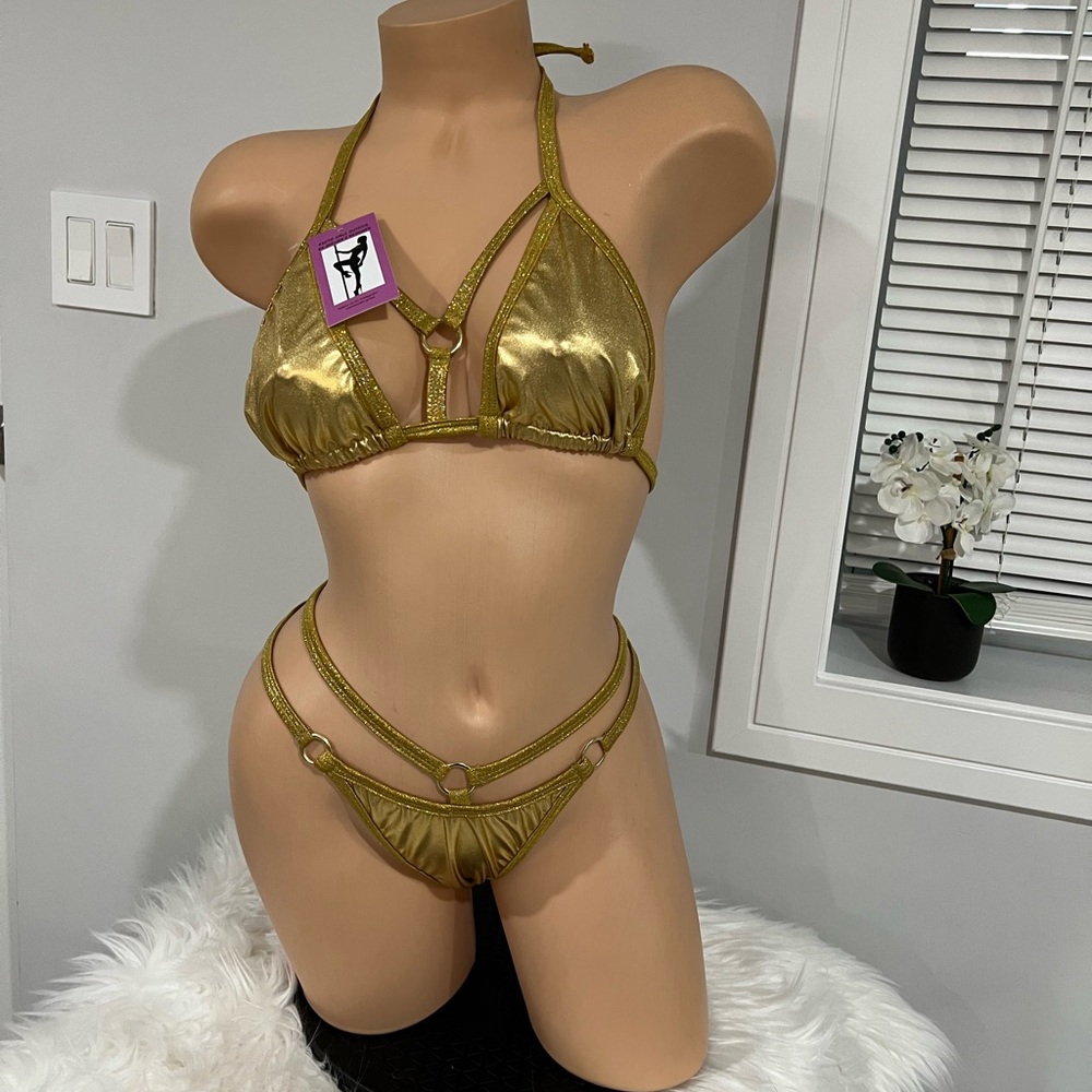 Exotic dancewear gold biquíni 2 pcs set